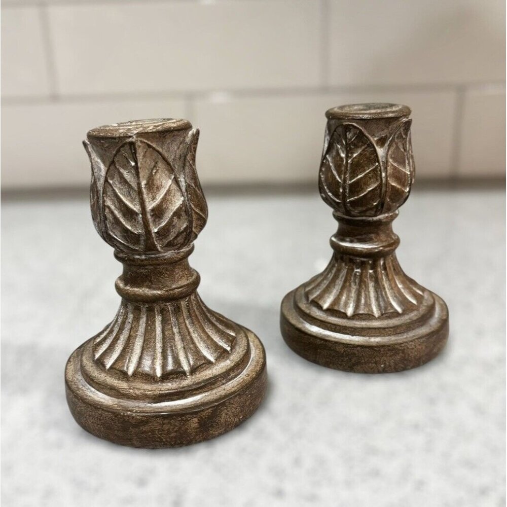 Hand carved Boho Wooden Candle Stick Holders Farmhouse Beach Decor Boho Mantle